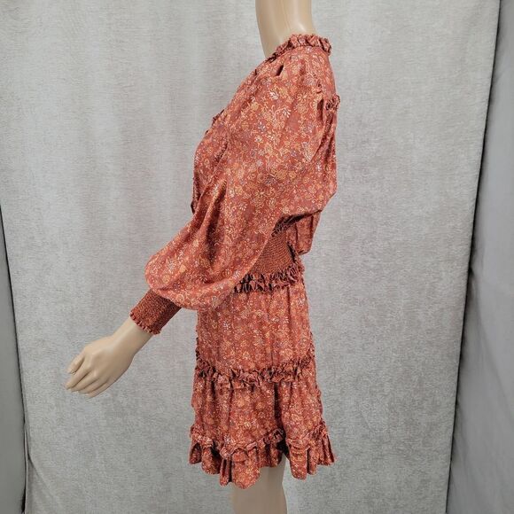 House of Harlow 1960 Wallis Rust Mini Dress Nicole Richie Floral Smocked - Picture 5 of 11